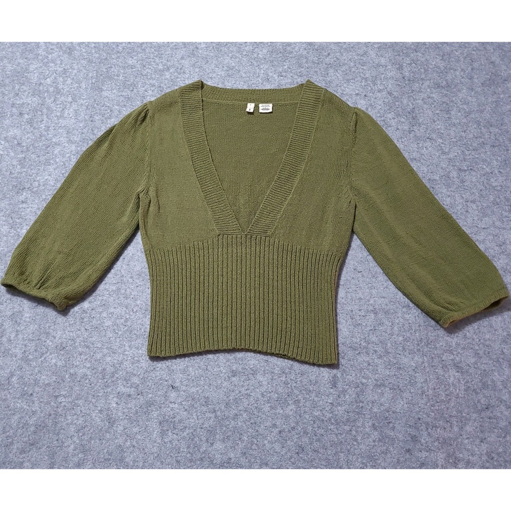 Moth Anthropologie Sweater Women L Green V-Neck Ribbed Puff Sleeve Knit Top